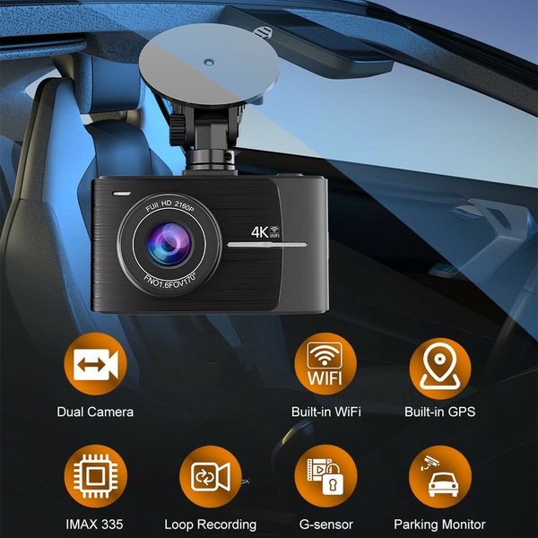 Dash Cam Front and Rear 4K+1080P FHD for Cars Built-in WiFi GPS, 3 Inch IPS Screen,Night Vision,170 Degree Wide Angle G-Sensor Loop Recording