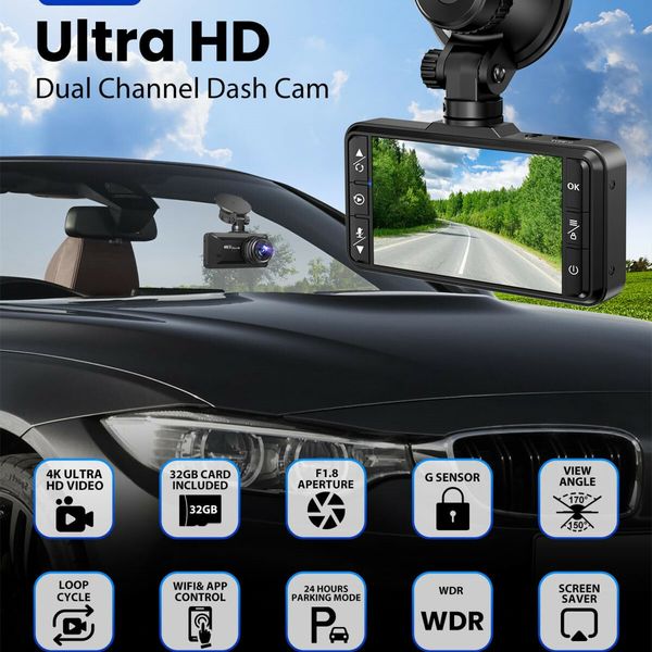 Dash Cam Front Rear 4K 1080P for Cars Built in WiFi Full HD Dash Cam with APP Control 3.94 Inch IPS Screen,G-Sensor WDR 24Hr Parking Mote