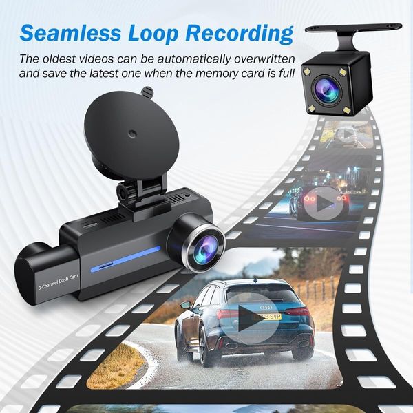 3 Channel 2.5K 1440P Dash Cam Front and Rear Inside,Triple Car Camera with G-Sensor,24Hr Parking,170 Degree Wide Angle Loop Recording, IR Night Vision