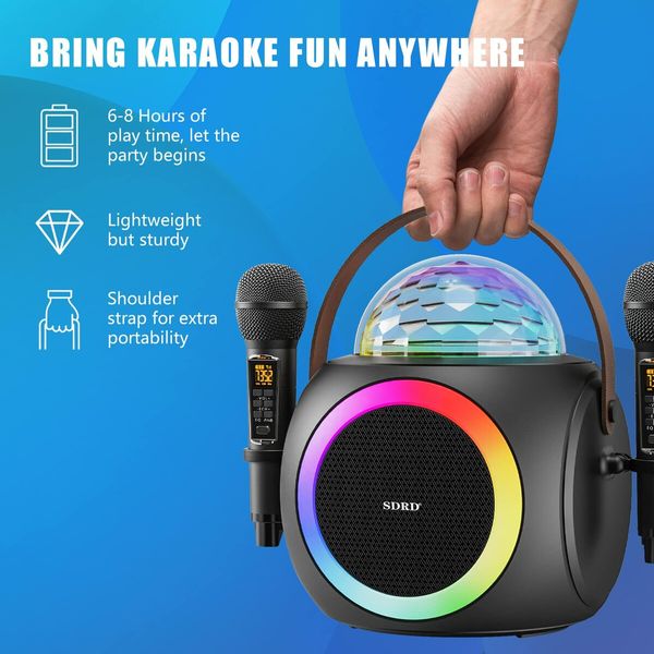 Karaoke Machine Portable Bluetooth Speaker with 2 UHF Wireless Microphones PA System with Disco Ball,LED Lights for Home Party,Wedding,Church,Picnic