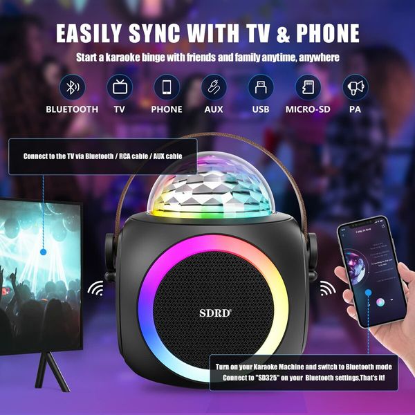 Karaoke Machine Portable Bluetooth Speaker with 2 UHF Wireless Microphones PA System with Disco Ball,LED Lights for Home Party,Wedding,Church,Picnic