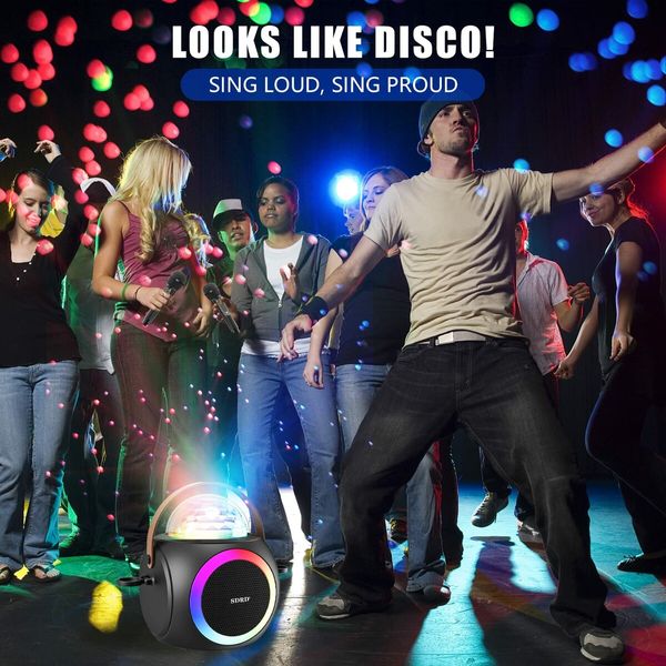 Karaoke Machine Portable Bluetooth Speaker with 2 UHF Wireless Microphones PA System with Disco Ball,LED Lights for Home Party,Wedding,Church,Picnic