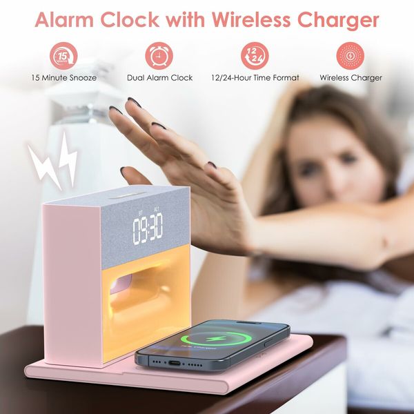 Alarm Clock with Wireless Bluetooth Speaker and Charging, 4 in 1 Touch Bedside Lamp Bluetooth Alarm Clock for Heavy Sleepers-Pink