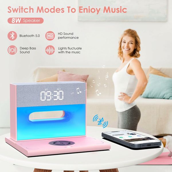 Alarm Clock with Wireless Bluetooth Speaker and Charging, 4 in 1 Touch Bedside Lamp Bluetooth Alarm Clock for Heavy Sleepers-Pink