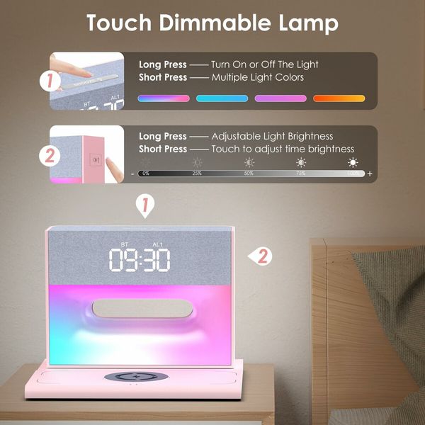 Alarm Clock with Wireless Bluetooth Speaker and Charging, 4 in 1 Touch Bedside Lamp Bluetooth Alarm Clock for Heavy Sleepers-Pink