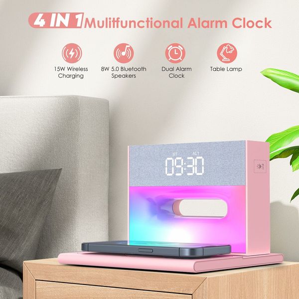 Alarm Clock with Wireless Bluetooth Speaker and Charging, 4 in 1 Touch Bedside Lamp Bluetooth Alarm Clock for Heavy Sleepers-Pink