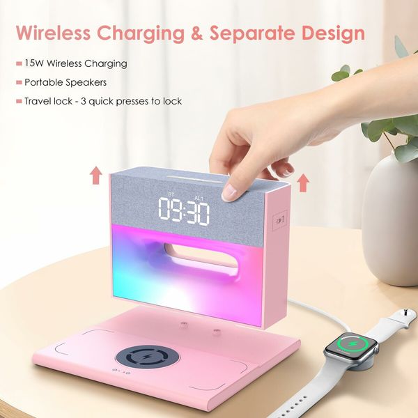 Alarm Clock with Wireless Bluetooth Speaker and Charging, 4 in 1 Touch Bedside Lamp Bluetooth Alarm Clock for Heavy Sleepers-Pink