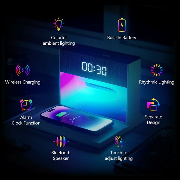 Alarm Clock with Wireless Bluetooth Speaker and Charging, 4 in 1 Touch Bedside Lamp Bluetooth Alarm Clock for Heavy Sleepers-Pink