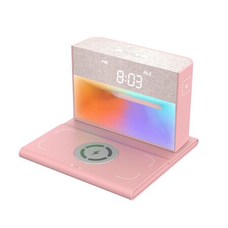 Alarm Clock with Wireless Bluetooth Speaker and Charging, 4 in 1 Touch Bedside Lamp Bluetooth Alarm Clock for Heavy Sleepers-Pink