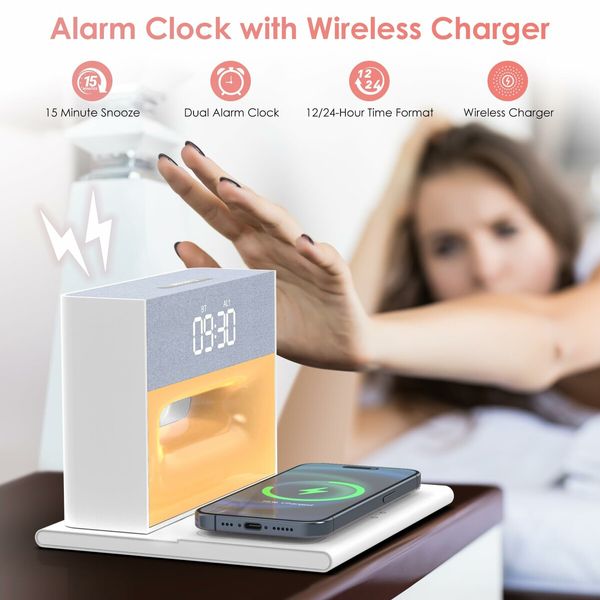 Alarm Clock with Wireless Bluetooth Speaker and Charging, 4 in 1 Touch Bedside Lamp Bluetooth Alarm Clock for Heavy Sleepers-White