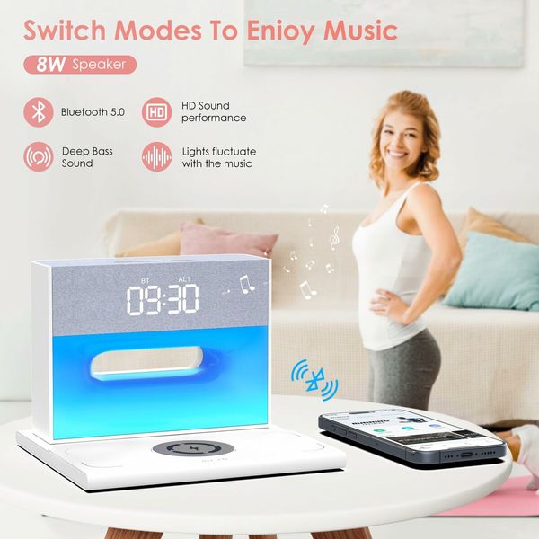 Alarm Clock with Wireless Bluetooth Speaker and Charging, 4 in 1 Touch Bedside Lamp Bluetooth Alarm Clock for Heavy Sleepers-White