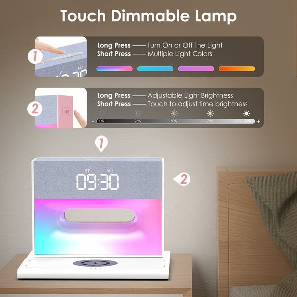 Alarm Clock with Wireless Bluetooth Speaker and Charging, 4 in 1 Touch Bedside Lamp Bluetooth Alarm Clock for Heavy Sleepers-White