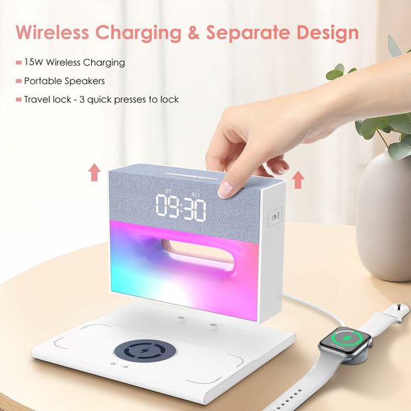 Alarm Clock with Wireless Bluetooth Speaker and Charging, 4 in 1 Touch Bedside Lamp Bluetooth Alarm Clock for Heavy Sleepers-White