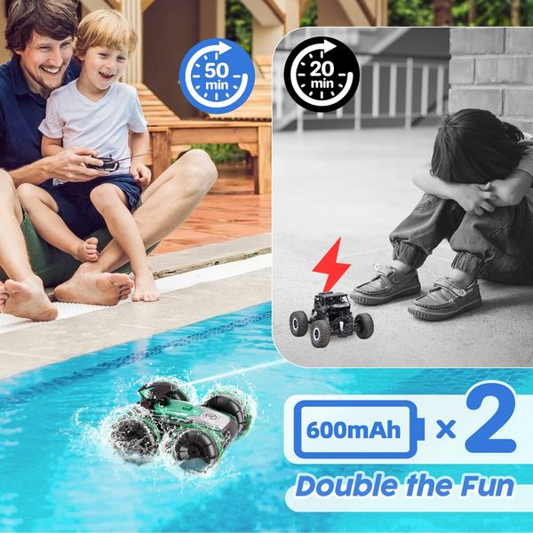 Amphibious Remote Control Car with Self-Priming Water Spray and 360 Degree Stunt Rotation for Pool & Land Play-Green