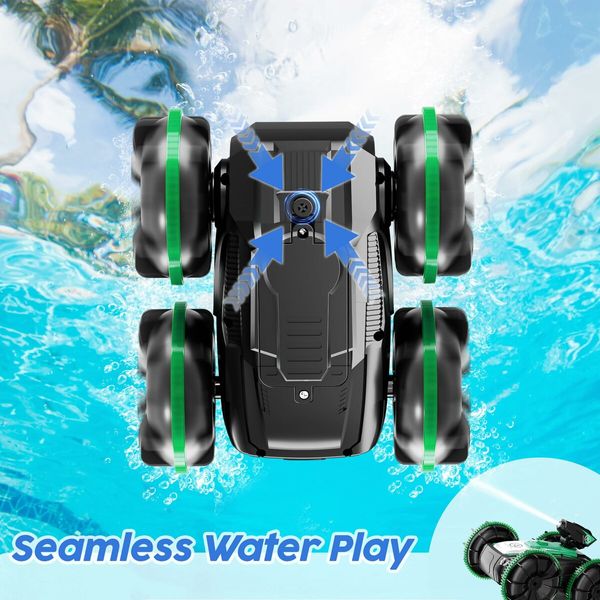 Amphibious Remote Control Car with Self-Priming Water Spray and 360 Degree Stunt Rotation for Pool & Land Play-Green