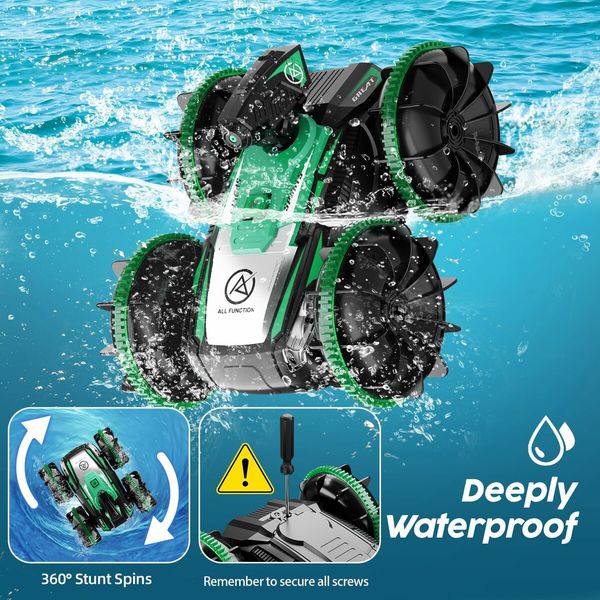 Amphibious Remote Control Car with Self-Priming Water Spray and 360 Degree Stunt Rotation for Pool & Land Play-Green