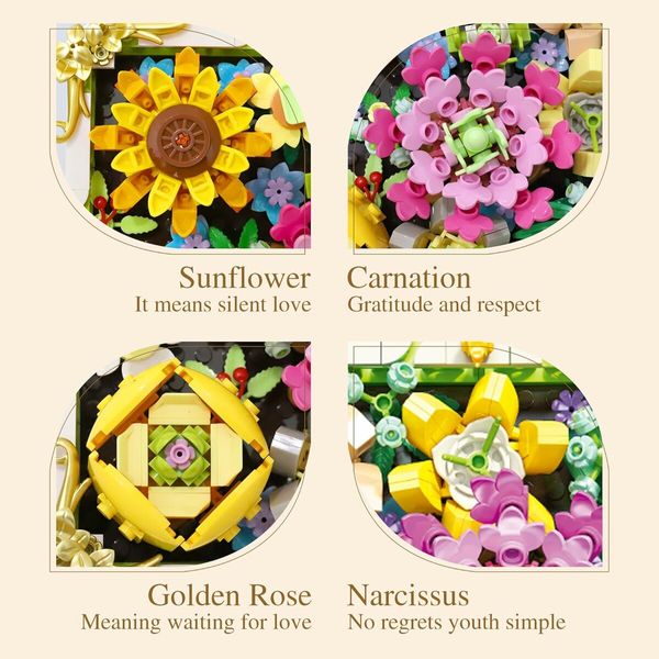 492 Pieces Building Blocks Flower Set with Rose, Daffodil, Carnation, and Sunflower, Picture Frame with Stand