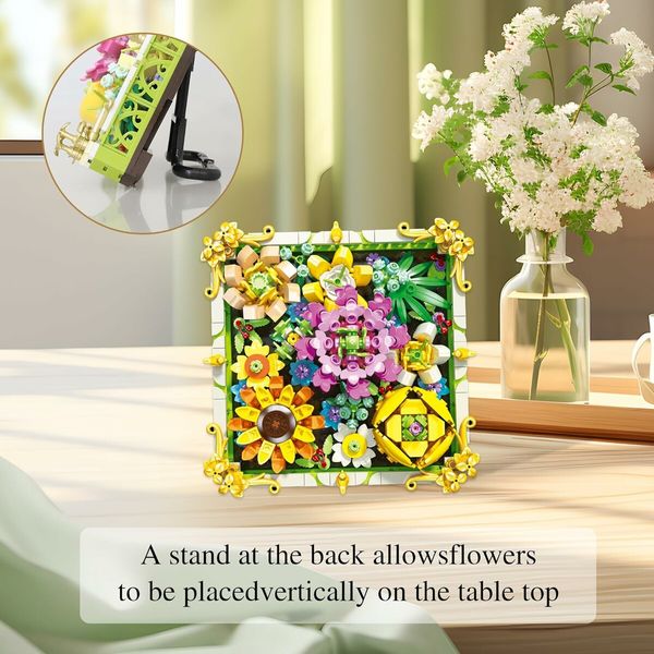 492 Pieces Building Blocks Flower Set with Rose, Daffodil, Carnation, and Sunflower, Picture Frame with Stand