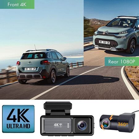 4K Utra HD Dash Cam Front and Rear with 3.2inch IPS Screen Car Video Dvr Dash Cam Built-in WiFi GPS FHD Night Vision