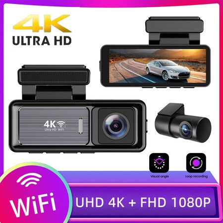 4K Utra HD Dash Cam Front and Rear with 3.2inch IPS Screen Car Video Dvr Dash Cam Built-in WiFi GPS FHD Night Vision