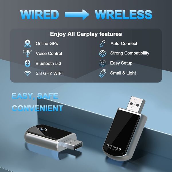 2 In 1 Wireless Carplay Adapter USB A to C,Plug & Play Wireless Carplay Adapter for iOS 10+ Android 11+