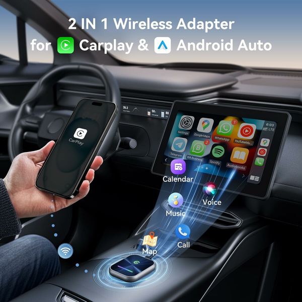 Wireless CarPlay Adapter,2 in 1 Wireless CarPlay & Android Auto Adapter Converts Factory Wired CarPlay to Wireless,Plug and Play Carplay Wireless Adapter