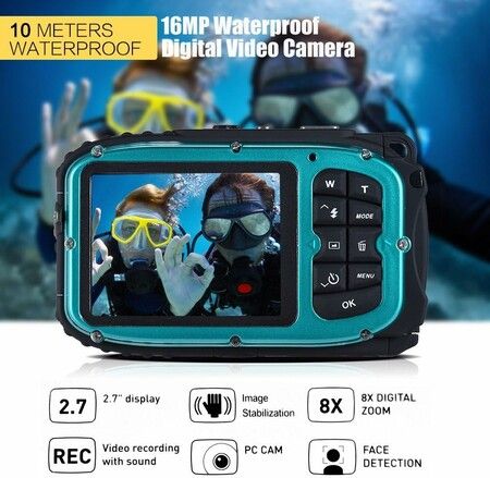 16MP 2.7 inch LCD Waterproof Digital Video Camera Mini Camcorder DV Underwater Max 10M Diving 8X Digital Zooming Face Detection, Blue