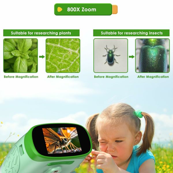 Electronic Microscope for Kids, 3-in-1 2" LCD Screen Handheld 800X Microscope Telescope with Video Digital Camera, USB Connect to PC with 32GB Card