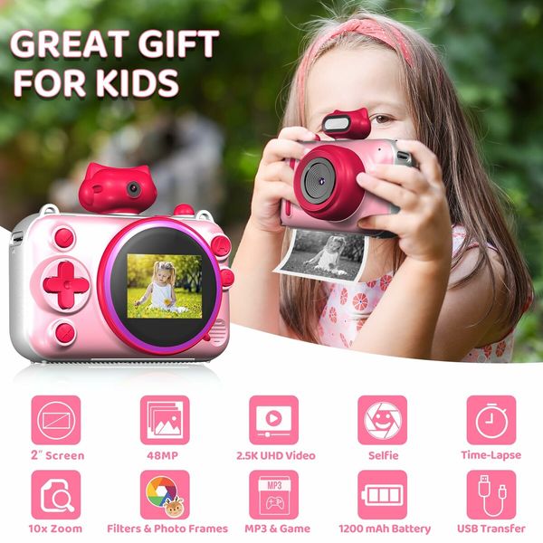 Kids Mini Camera Instant Print 48 MP Selife Digital Camera with 2.5K Video with 32 GB Card,Birthday Xmas Gift for 3-12 Year Old Girls Boys,Pink