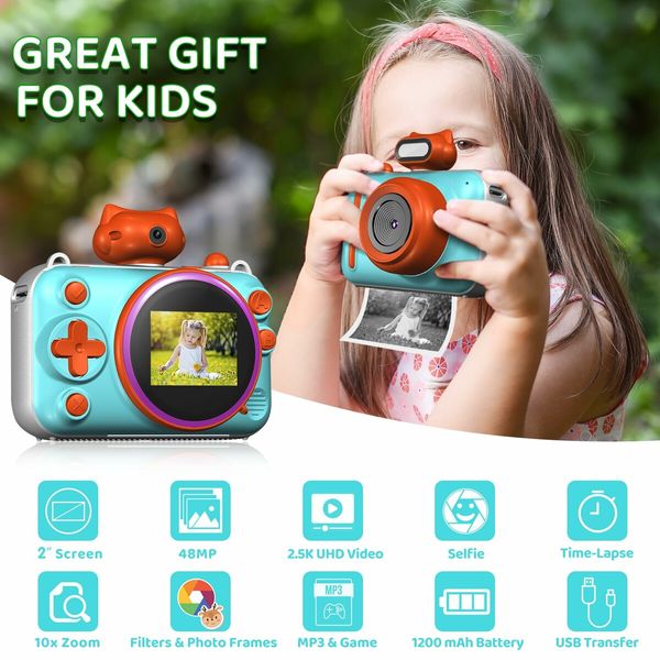 Kids Mini Camera Instant Print 48 MP Selife Digital Camera with 2.5K Video with 32 GB Card,Birthday Xmas Gift for 3-12 Year Old Girls Boys,Blue