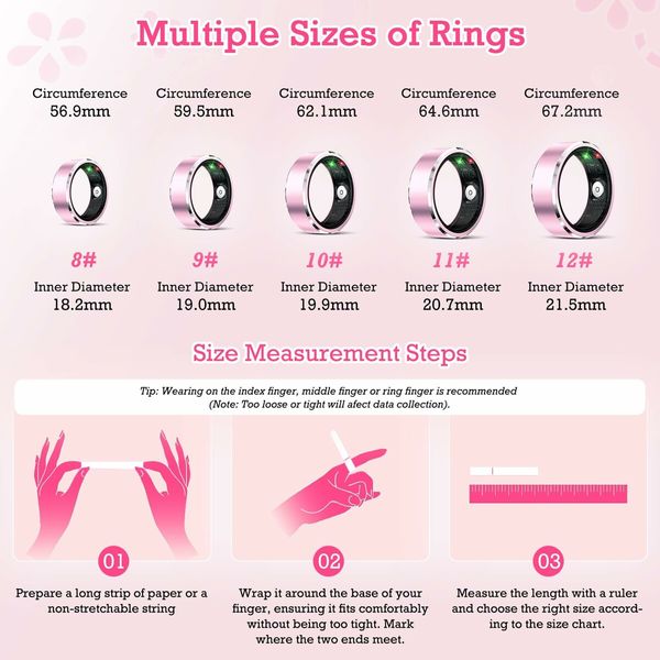 Smart Ring Sleep Tracker Ring Waterproof Fitness Ring for Activity Monitoring/Steps/Distance/Air Gestures for iOS Android (Pink,#10)