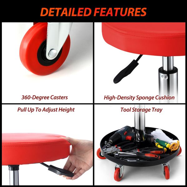 Swivel Work Stool Chair with Wheels Mechanic Tool Tray Height Adjustable Pneumatic Roller Seat for Car Repair Shop Salon Barber Bar Drafting Spa