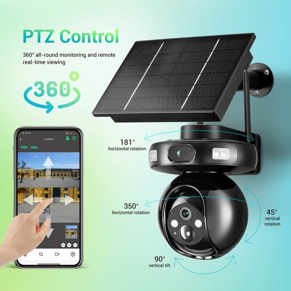 4G Home Security Camera Solar Powered Wireless CCTV Outdoor House Surveillance LTE Cellular Spy System with Dual Lens 4MP PTZ Motion Sensor Batteries