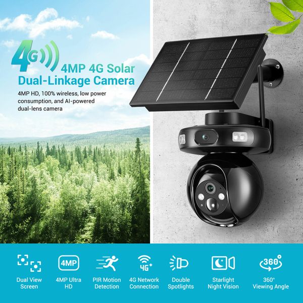 4G Home Security Camera Solar Powered Wireless CCTV Outdoor House Surveillance LTE Cellular Spy System with Dual Lens 4MP PTZ Motion Sensor Batteries