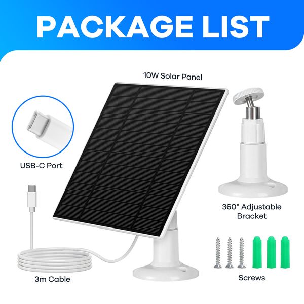 Solar Panel for Security Camera CCTV Surveillance System with Rechargeable Battery IP65 Waterproof 3m Cable Adjustable Bracket Micro USB-C Ports 10W