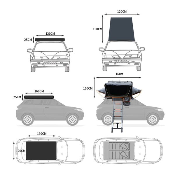 All Grey 210*160*125cm Side-Opening Rooftop Tent Hardshell With Ladder Camping Waterproof 4x4 4WD