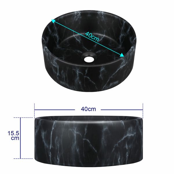 Bathroom Sink Basin Vessel Wash Bowl Washing Vanity Countertop Above Counter Toilet Bath Hand Modern Round Ceramic Black 40x40x15.5cm