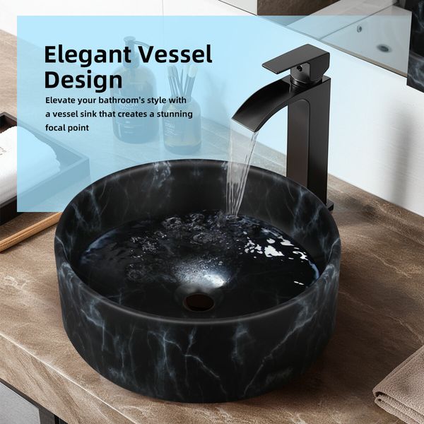 Bathroom Sink Basin Vessel Wash Bowl Washing Vanity Countertop Above Counter Toilet Bath Hand Modern Round Ceramic Black 40x40x15.5cm