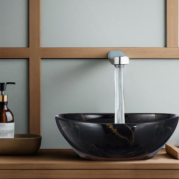 Bathroom Sink Basin Vessel Washing Vanity Bowl Countertop Above Counter Toilet Hand Wash Modern Oval Ceramic Black 41x34x14.5cm