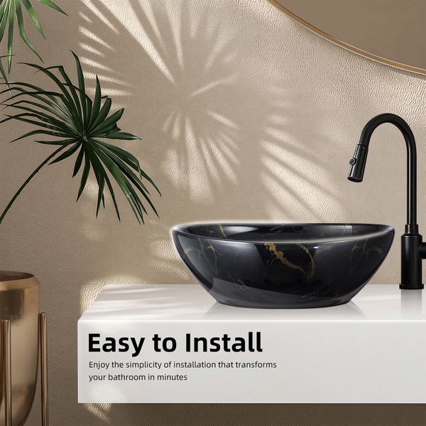 Bathroom Sink Basin Vessel Washing Vanity Bowl Countertop Above Counter Toilet Hand Wash Modern Oval Ceramic Black 41x34x14.5cm