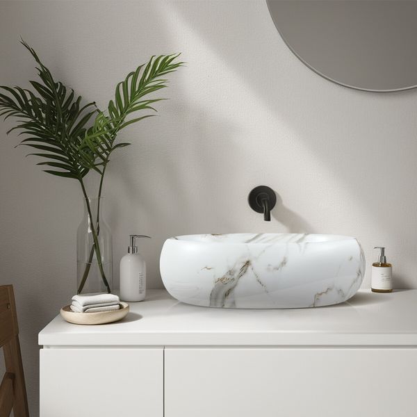 White Bathroom Sink Vessel Vanity Hand Wash Basin Washing Bowl Above Counter Toilet Bath Countertop Ceramic Modern Oval 48x34x14.5cm