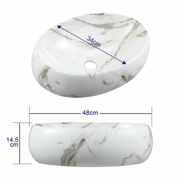 White Bathroom Sink Vessel Vanity Hand Wash Basin Washing Bowl Above Counter Toilet Bath Countertop Ceramic Modern Oval 48x34x14.5cm