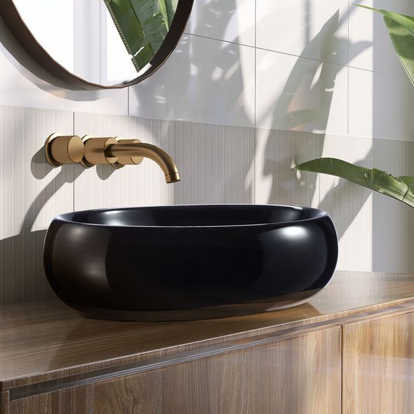 Black Bathroom Sink Vessel Vanity Hand Wash Basin Washing Bowl Above Counter Toilet Bath Countertop Ceramic Modern Oval 48x34x14.5cm