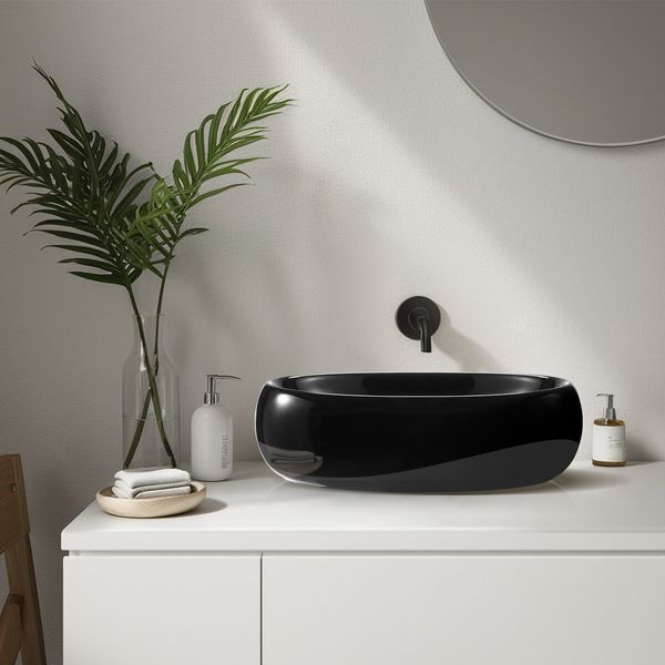 Black Bathroom Sink Vessel Vanity Hand Wash Basin Washing Bowl Above Counter Toilet Bath Countertop Ceramic Modern Oval 48x34x14.5cm