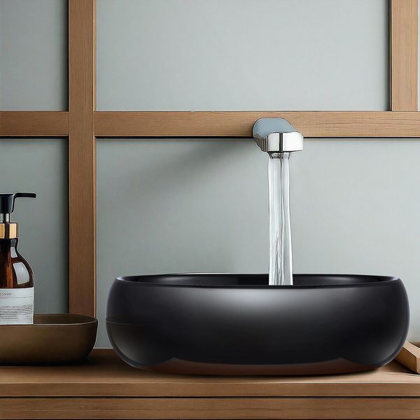 Black Bathroom Sink Vessel Vanity Hand Wash Basin Washing Bowl Above Counter Toilet Bath Countertop Ceramic Modern Oval 48x34x14.5cm