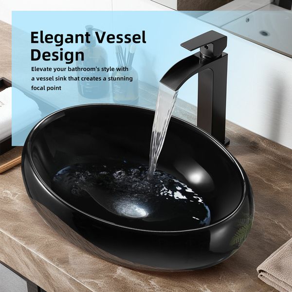 Black Bathroom Sink Vessel Vanity Hand Wash Basin Washing Bowl Above Counter Toilet Bath Countertop Ceramic Modern Oval 48x34x14.5cm