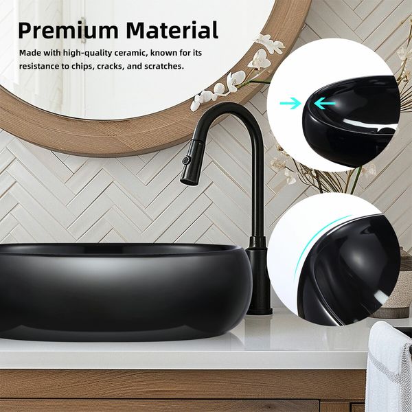 Black Bathroom Sink Vessel Vanity Hand Wash Basin Washing Bowl Above Counter Toilet Bath Countertop Ceramic Modern Oval 48x34x14.5cm