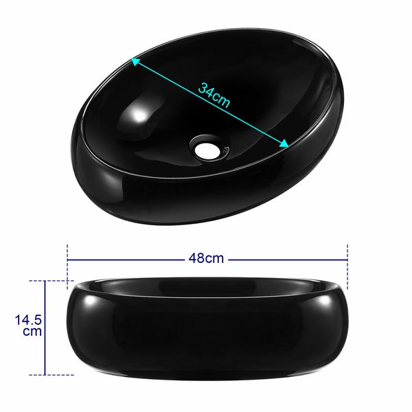 Black Bathroom Sink Vessel Vanity Hand Wash Basin Washing Bowl Above Counter Toilet Bath Countertop Ceramic Modern Oval 48x34x14.5cm