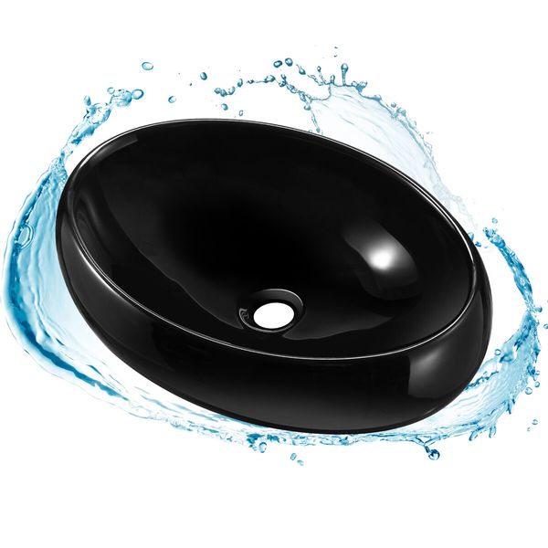 Black Bathroom Sink Vessel Vanity Hand Wash Basin Washing Bowl Above Counter Toilet Bath Countertop Ceramic Modern Oval 48x34x14.5cm