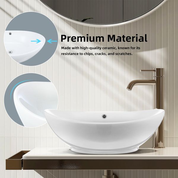 White Bathroom Vessel Sink Oval Basin Above Counter Hand Wash Bowl Vanity Washing Ceramic Countertop Modern Toilet Bath 59x38.5x19cm